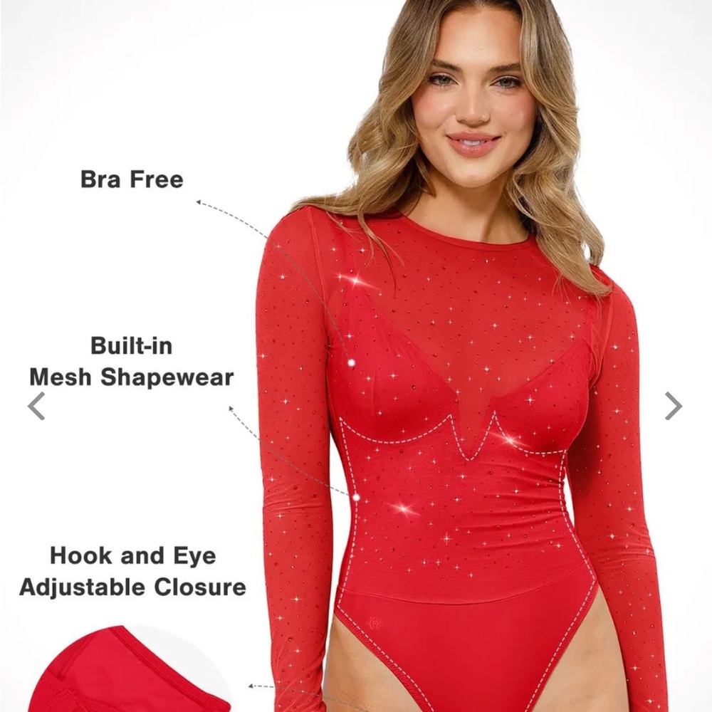 Shapewear Heat-Set Crystal Mesh Long-Sleeve Slimming Bodysuit NWT - Picture 2 of 8